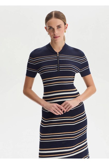Beige White Striped Navy Blue Knitwear Top