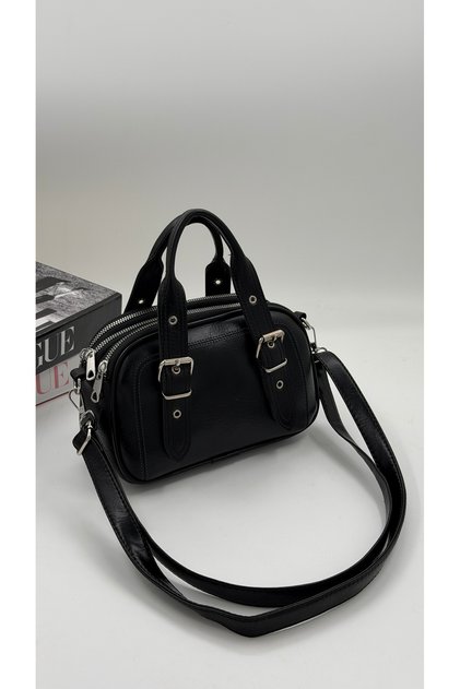 Women's Hand and Shoulder Bag with Buckle Belt Detail, 3 Compartments and Long Strap