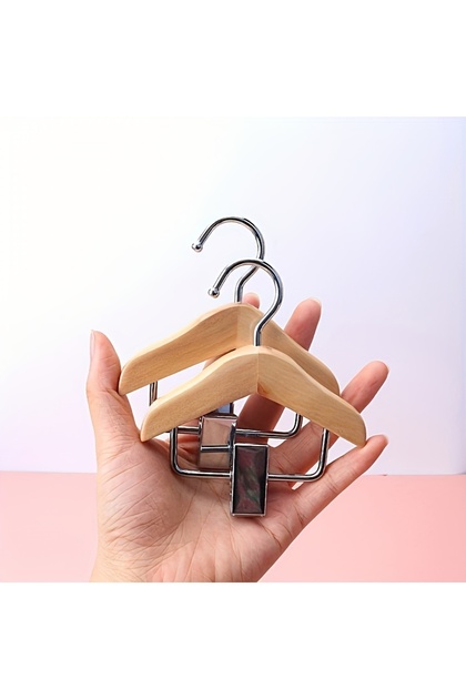 2pcs Mini Wooden Hangers with Stainless Steel Clips - Space-Saving Organizer for Pet Clothing & Acce