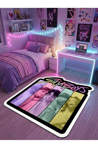 Non-Slip K-Pop Demon Hunters Themed Machine Washable Teen Room Rug 80x80