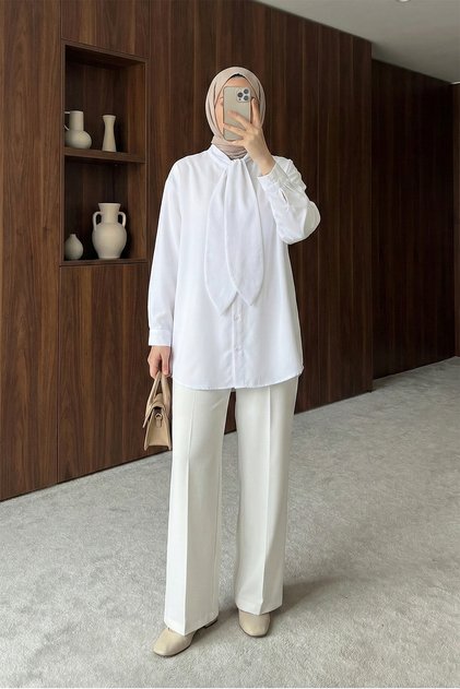 Scarf-Buttoned Oversize Shirt - White