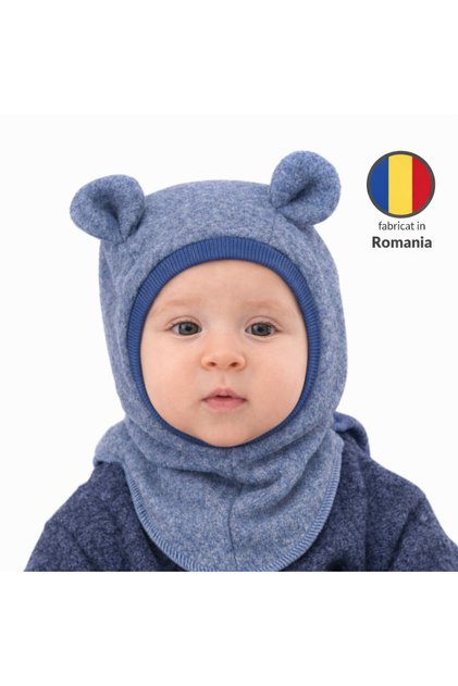 Cagula copii din lana fleece dublata cu bumbac certificat, Teddy Blue 6-12 luni, model aju...