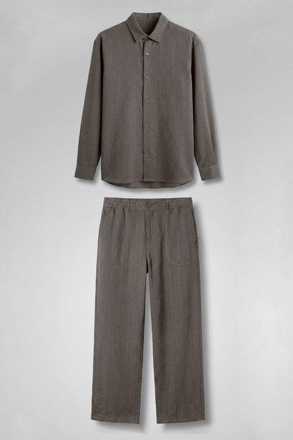 Men's Baggy Striped 100% Cotton Shirt and Trousers Two-Piece Set Mink