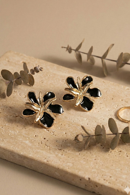 Gold 2-Piece Flower Black Enamel Earrings