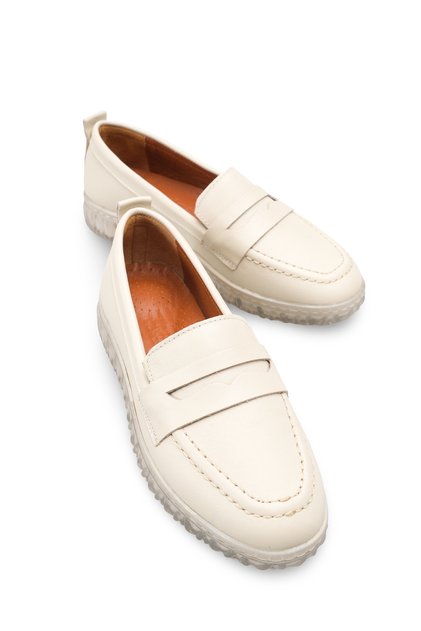 Women's Beige Genuine Leather Flat Loafer Orthopedic Sole Comfortable Casual Shoes