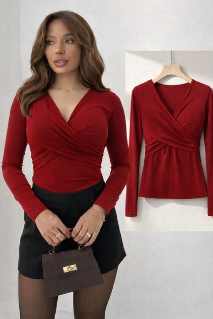 NEW PRODUCT Women's Cross-Front Detail V-Neck Sandy Fabric Long Sleeve Blouse 02