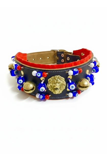 Kangal Dog Collar Genuine Buffalo Leather with 4 Bells and Evil Eye Beads Series