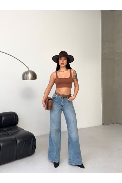 Kadın Kot Pantolon - Wide Leg (Kemer Kahverengi)