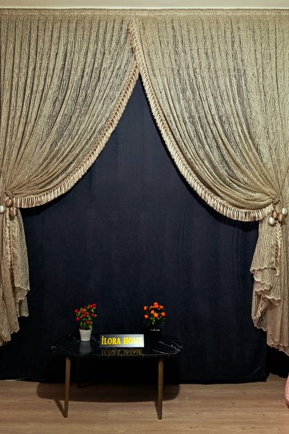 Premium Mink/Beige Broken Glass Pattern Double-Breasted Design Tulle Curtain with 3 Layers of Pleated Fabric