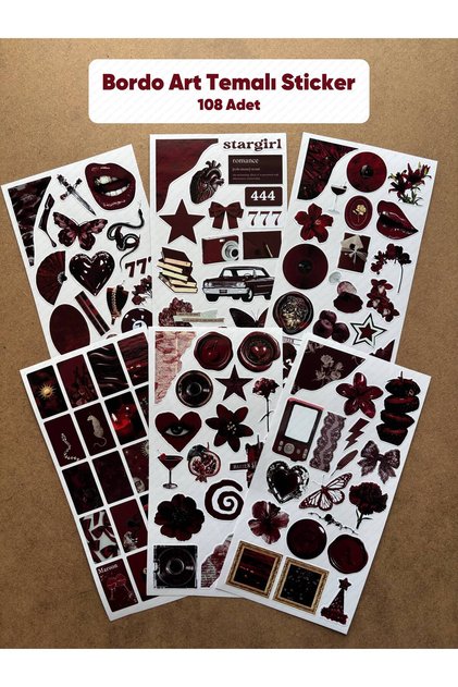 108 Adet Bordo Temalı Sticker Seti Ajanda Planner Bullet Journal Sanat Art Cherry Etiket Çıkartma
