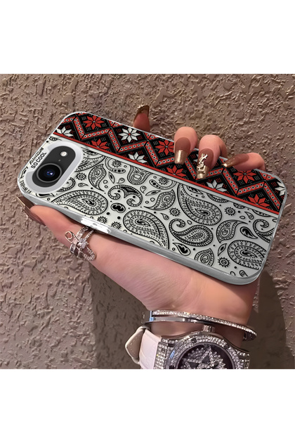 iPhone 16E Compatible Kilim Patterned Silicone Edge Hard Back Anti-Fall Phone Case