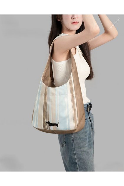 Striped Color Patterned Coffee Functional Design Shoulder Bag Daily Travel Use