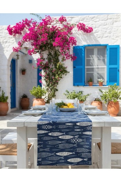 Digital Printing Stain-Resistant Navy Blue and White Fish Figured Modern Marine Inspired 40 X 140 cm Runner