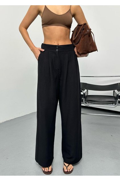 New Season Linen Fabric Wide-Leg Pants with Elastic Waist and Double Buttons