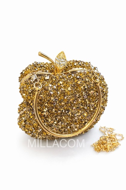 Stone-Embellished Apple Shape Evening Dress Bag with Metal Handle and Chain Strap Evening Bag
