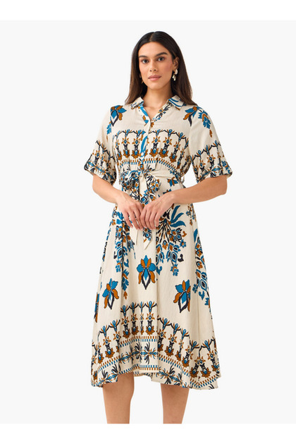 Belted Midi Shirt Dress with Printed Design