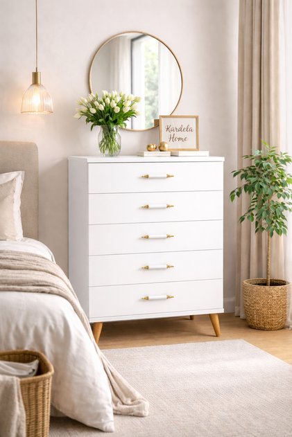 %100 MDF 5 Çekmeceli Şifonyer Beyaz Ahşap Ayak Porselen Kulp Kolay Kurulum