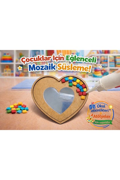 Ahşap Kalp Ayna Mozaik Süsleme Seti – Çocuklar İçin Eğlenceli Boyama ve Atölye Etkinliği