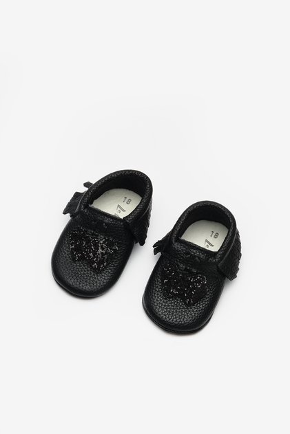 Baby Girl Leather Moccasins with Black Heart Figure