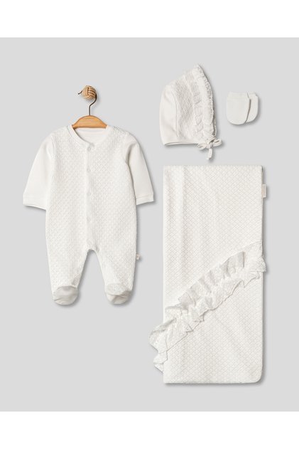 Knitwear Detailed 4-Piece Newborn Baby Girl Hospital Outfit 100% Cotton Oeko Tex Certified