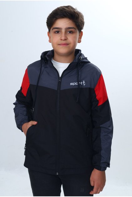 Boy's Stand Collar Hooded Zippered Pocketed Printed Color Block Woven Raincoat -