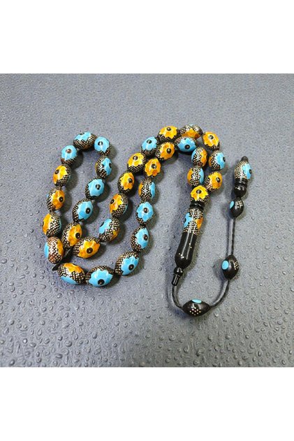 Kuka Silver, Amber and Enamel Inlaid Large Size Kuka Prayer Beads