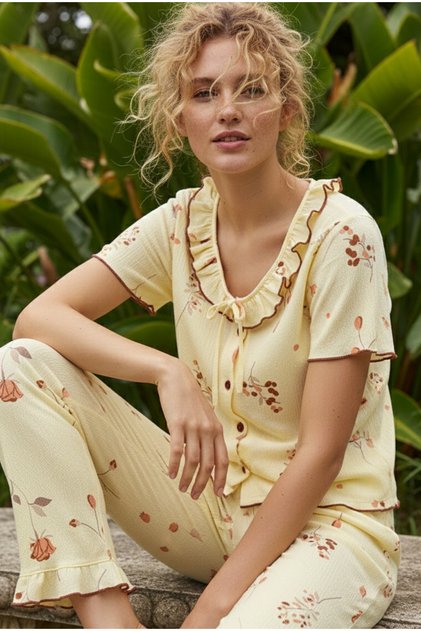 Yellow Floral Patterned Bürümcük-Krınkıl Buttoned Pajama Set26120625
