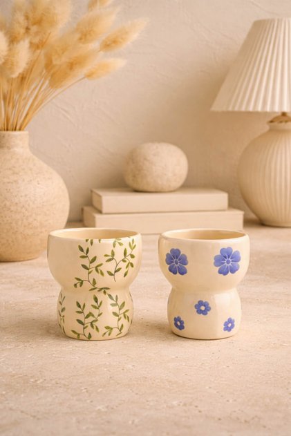 2’li Handmade Seramik Sarmaşık & Mavi Çiçek Desenli Sekizgen Kupa Fincan