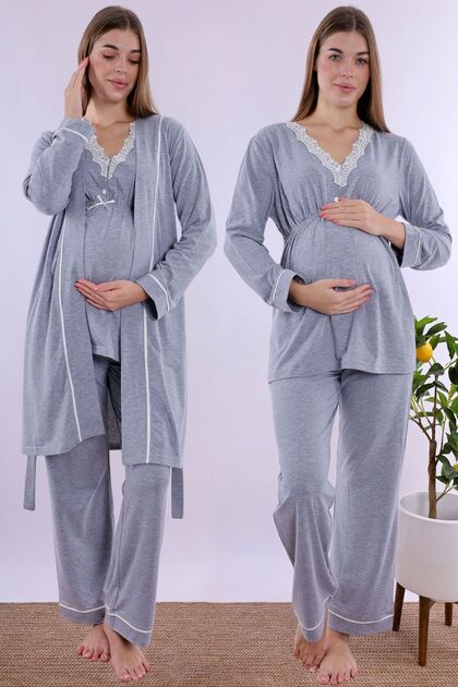 Maternity Pajama Set with Nursing Features and Robe Effortt - Light Gray