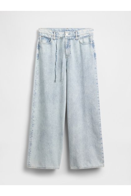 Kadın Açık Mavi Mid Rise UltraSoft Baggy Mikro Kemer Jean Pantolon