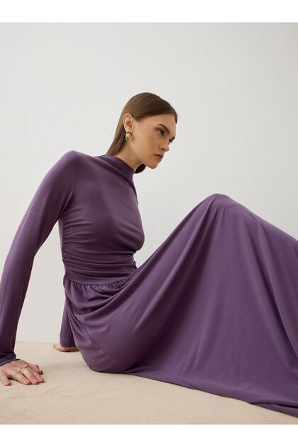 Sandy Fabric Drawstring Detailed Hijab Dress - Lilac-