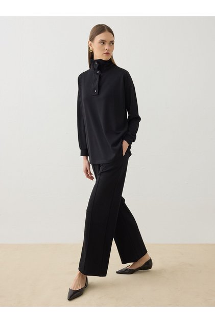 Soft Buttoned Tunic & Trousers Set with Snap Detail - Black