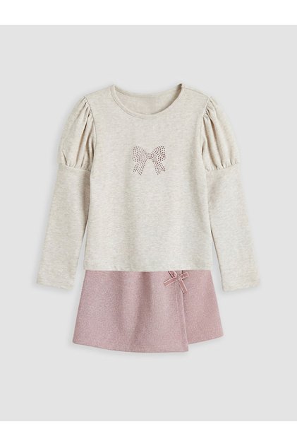 Beige stone embellished girl's blouse and shorts skirt set