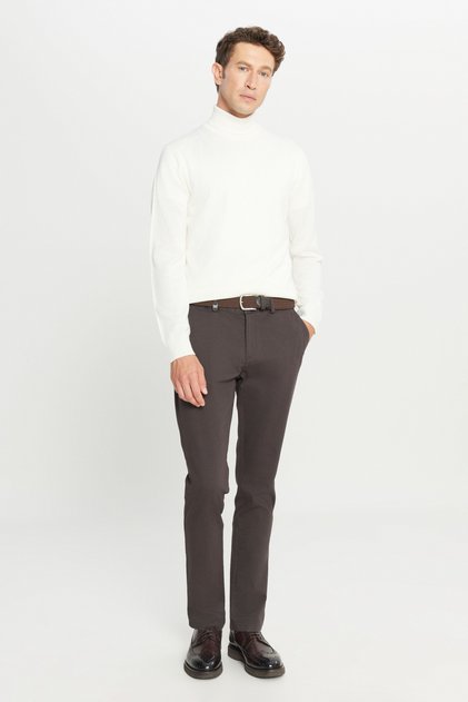 Cotton Slim Fit Slim Cut Side Pocket Dobby Stretchy Casual Brown Trousers