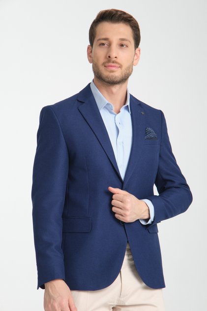 Alfredo Men's Indigo Mono Collar Linen Patterned Slim Fit Sports Blazer Jacket