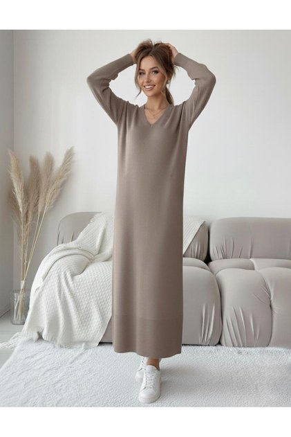 Women's V-Neck Oversize Long Sleeve Knitwear Dress, Loose Fit, Suitable for Size 36/46
