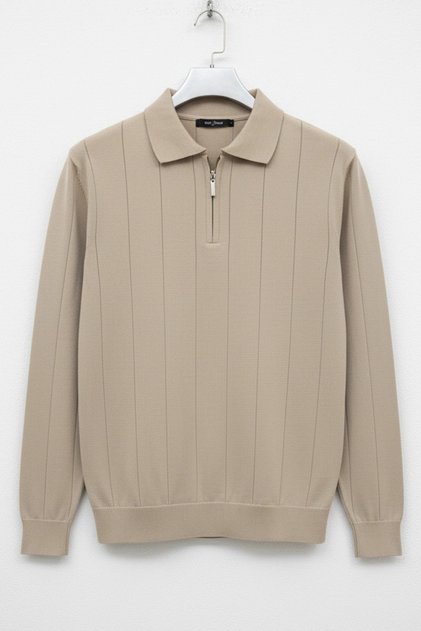 Men's Half Zipper Polo Collar Regular Fit Sweater Mink Cd101