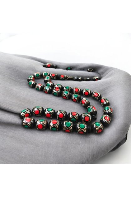 Silver and Enamel Embellished Special Craftsmanship Kuka Capsule Cut Prayer Beads