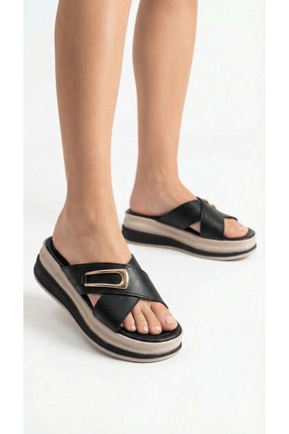Horizontal Long Gold Buckle Crossed Striped High Heel Comfortable Women's Slippers Sandals