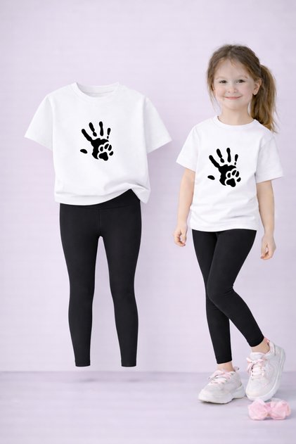 T-Shirt and Stretchy Leggings Set for Girls, 100% Cotton, Paw Print Printed – Casual Comfortable Sports Combination