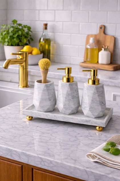 Marble Patterned Concrete Gold Headed Kitchen Countertop Liquid Soap Dispenser and Dish Brush Holder Set