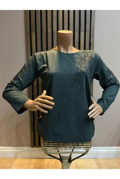 Women's Middle Age and Above Viscose Floral Pattern Stone Embroidered Lycra Mother Combed Cotton Blouse