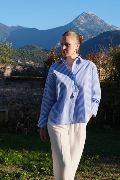 Women's Blue Striped Oversize Shirt with Button Detail