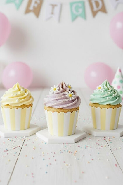 Çizgili Makaron Sarı Renk Temalı Cupcake & Muffin Kek Kalıbı Fırında Dağılmaz (25'li adet)