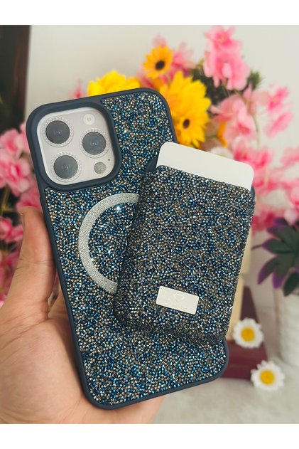 (2 in 1) iPhone 16 Pro Max Case Magsafe Compatible Wallet Card Holder Shiny Stone Premium Cover