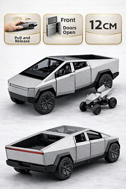 Die Cast Pull and Drop Metal Tesla Cybertruck Model Car with Atv 12 cm Opening Doors Gray