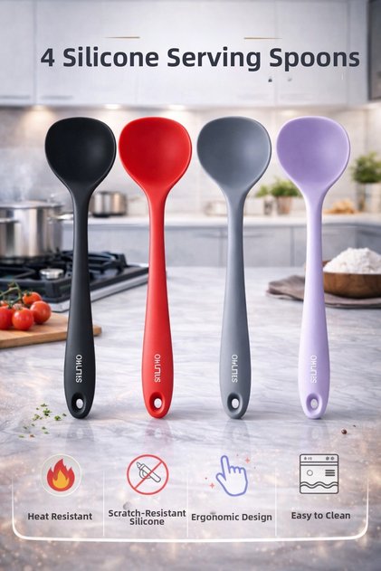 (4 Pieces) Ultra Hard Tip Silicone Ladle High Heat Resistant Non-Stick Non-Burning Sets