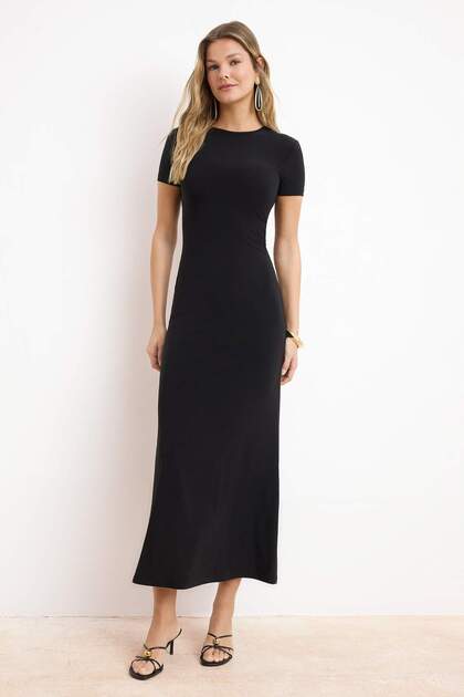 Trendyol Collection Black Short Sleeve Bodycone/Fitted Crew Neck Flexible  Knitted Maxi Pencil Dress TWOSS24EL00097- Trendyol