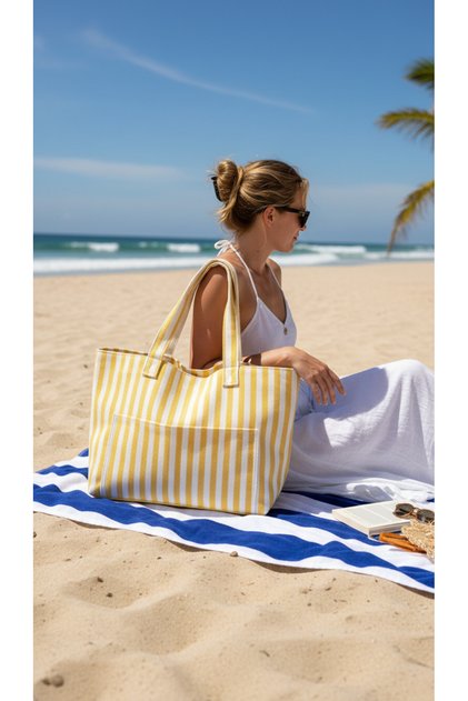 Premium Women's Cotton Woven Colorful Striped Lined Beach Bag / Shoulder Bag (4 Pockets)