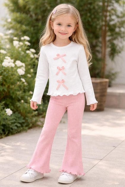 Three Bows Camisole Girls' Blouse and Pants Two-Piece Set [Snug Fit for 3-8 Years Old]